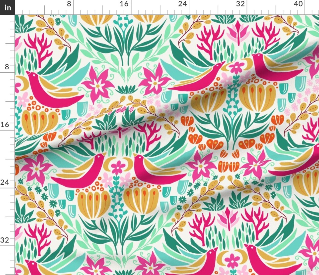 Colorful Birds Pink Green Boho Botanical Floral Custom Printed Fabric by Spoonflower Various Fabrics by the Yard or Fat Quarter